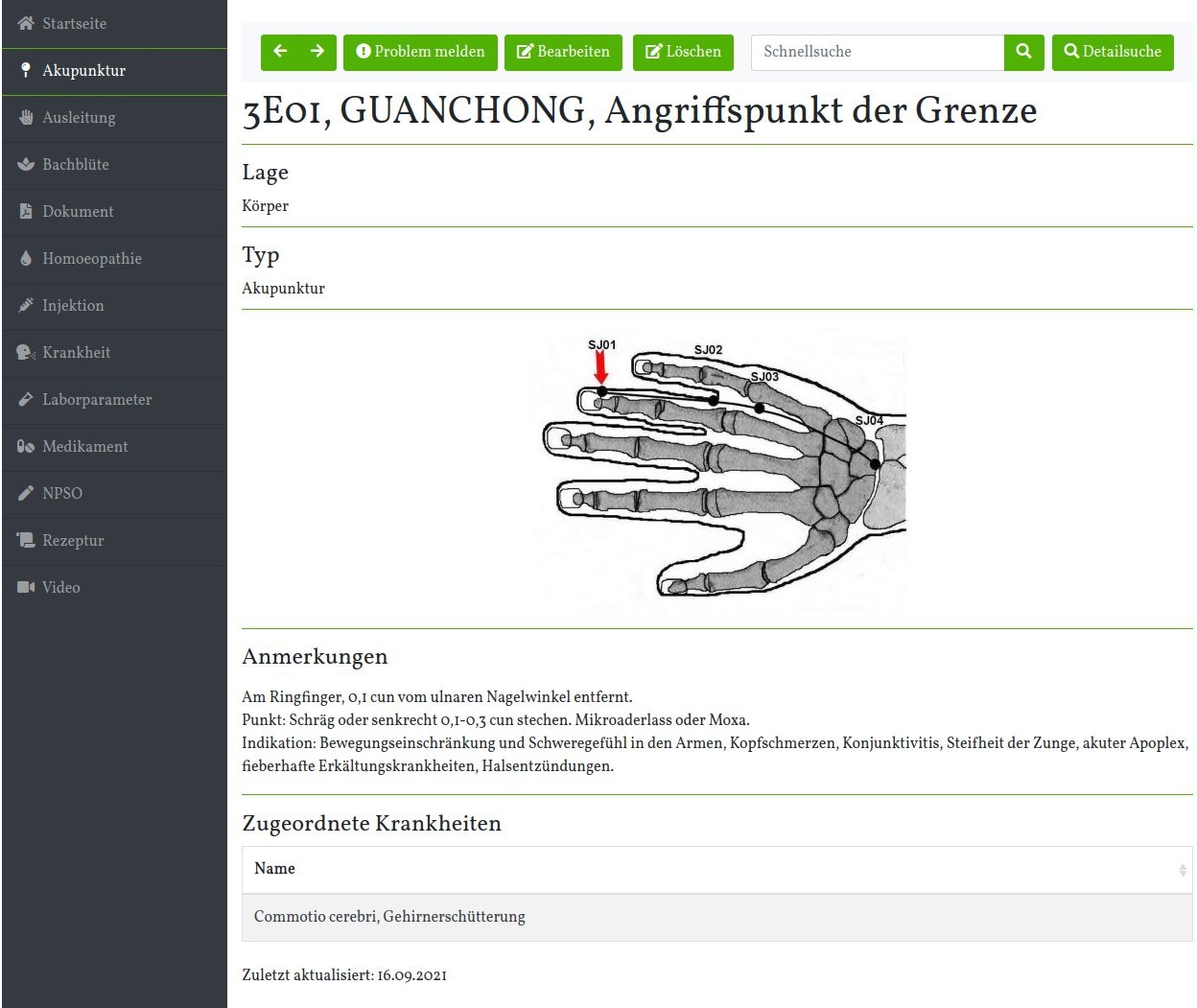 Ansicht der Akupunktur Seite